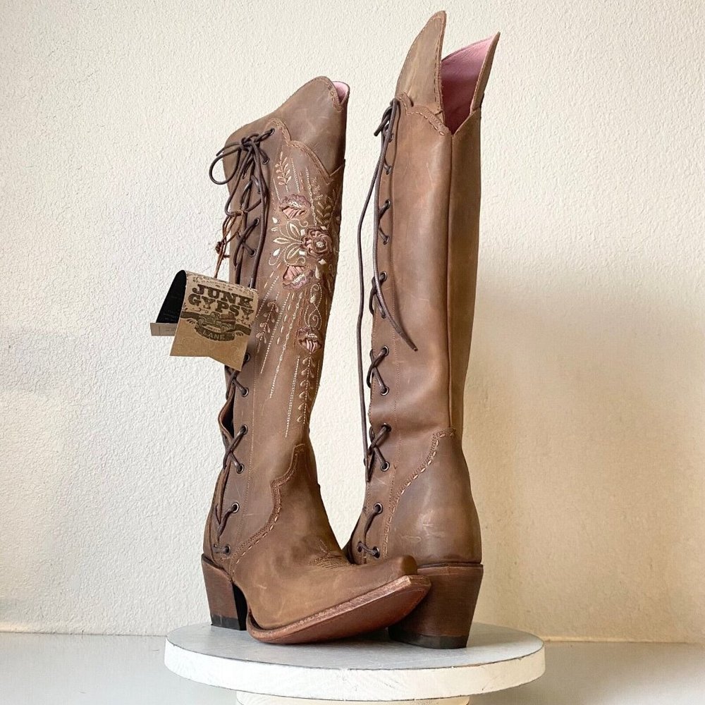 NEW Junk Gypsy Lane Honeysuckle Rose Cowboy Boots 9.5 Brown Wide Calf Over Knee